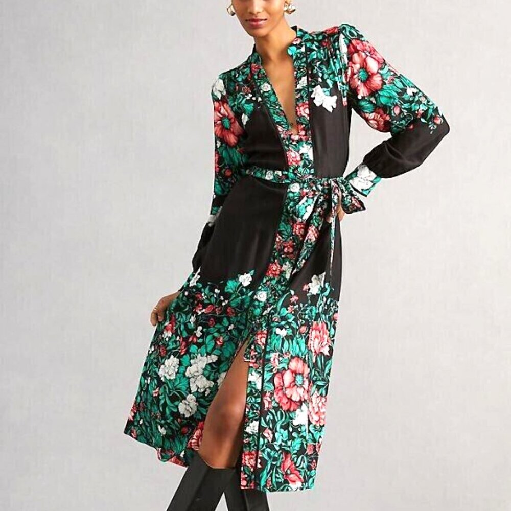 Anthropologie Black Green Floral Long Sleeve Midi Shirt Dress
